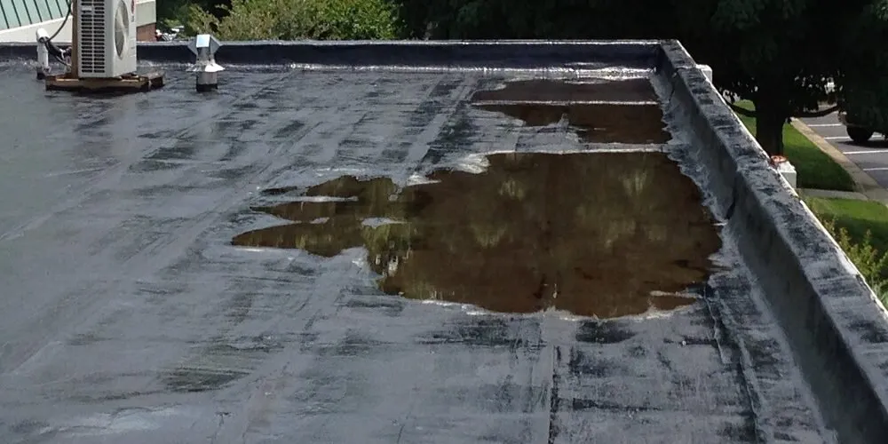 Flat roof surface showing standing ponding water after rainfall due to limited roof drainage.