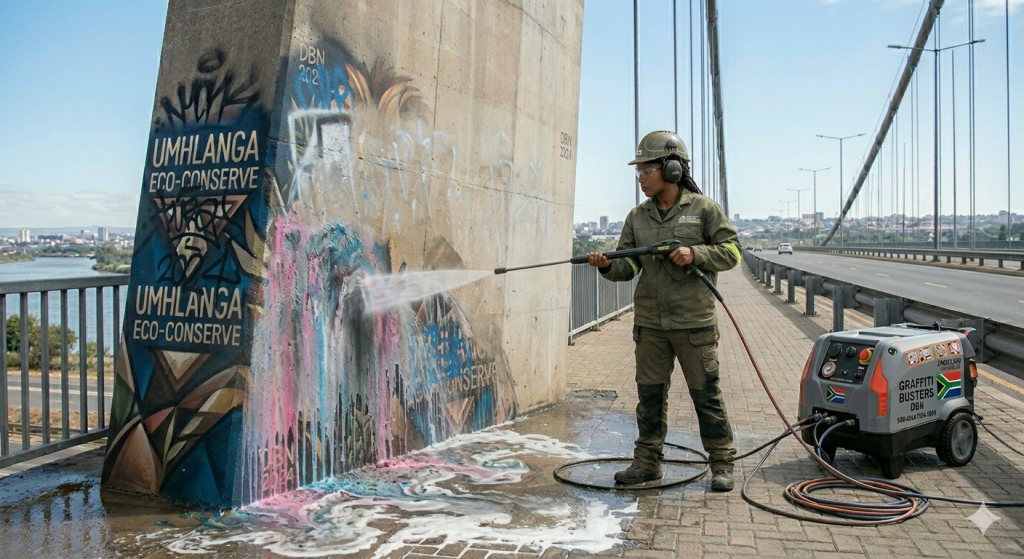 SI-COAT 528AG permanent anti-graffiti coating protecting bridge underpass concrete surface before and after graffiti removal with cold water
