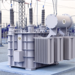 High voltage shunt reactor with porcelain bushings and cooling radiators at an outdoor substation