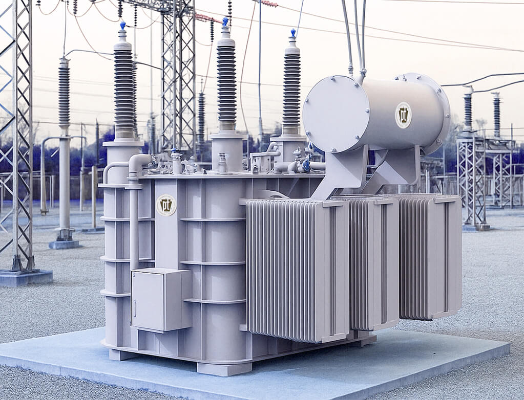High voltage shunt reactor with porcelain bushings and cooling radiators at an outdoor substation