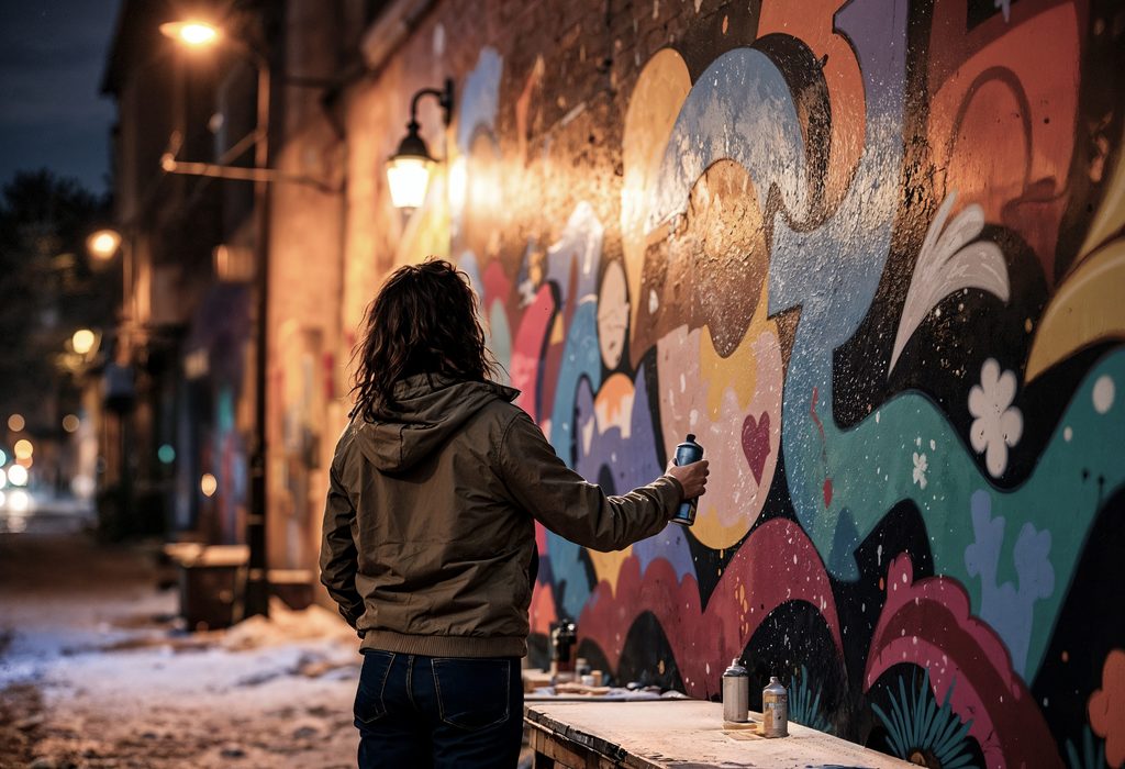 Street artist spray painting graffiti mural on an unprotected city wall at night