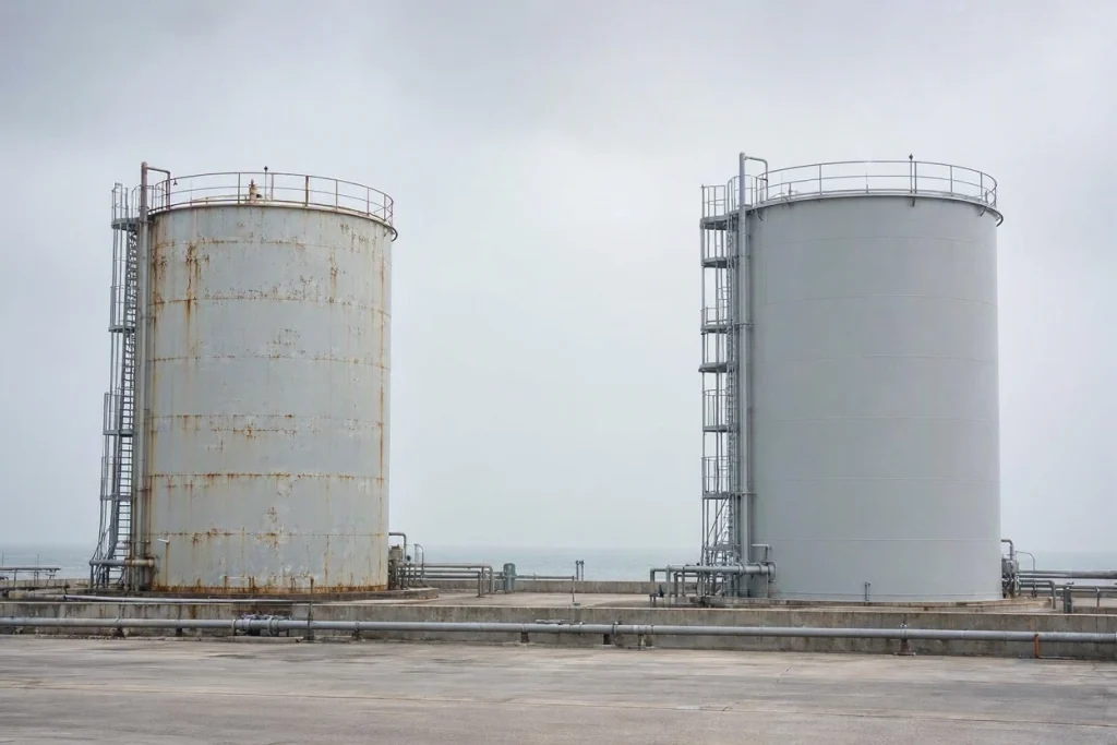 Two steel storage tanks at a coastal site, one with weathered paint and rust along the weld seams, the other recoated in light grey